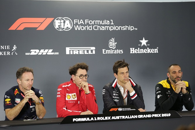 15.03.2019- Official Fia press conference, L to R Christian Horner (GBR), Red Bull Racing, Sporting Director, Mattia Binotto (ITA) Ferrari Team Principal, Toto Wolff (AUT) Sporting Director Mercedes-Benz and Cyril Abiteboul (FRA) Renault Sport F1 Managing Director